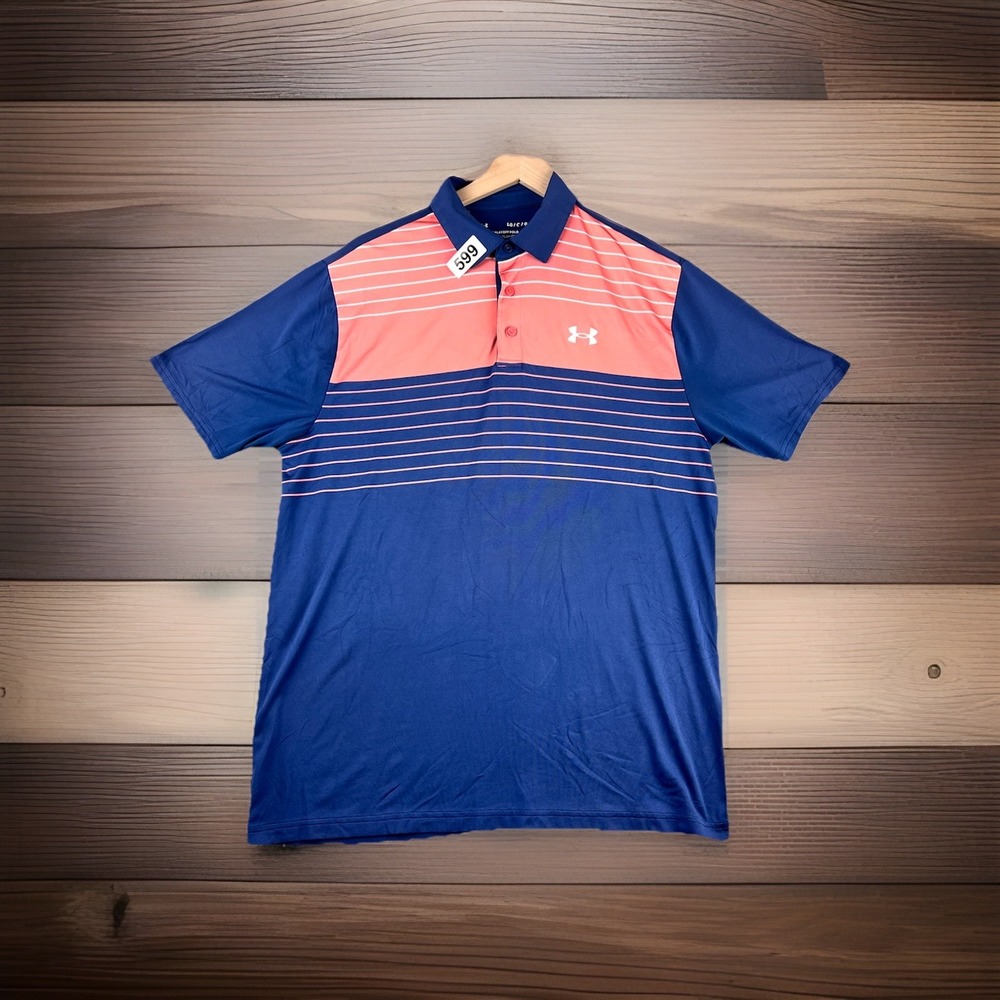 Under Armour The Players Polo Men's Large Golf Shirt Navi Stripe Performance